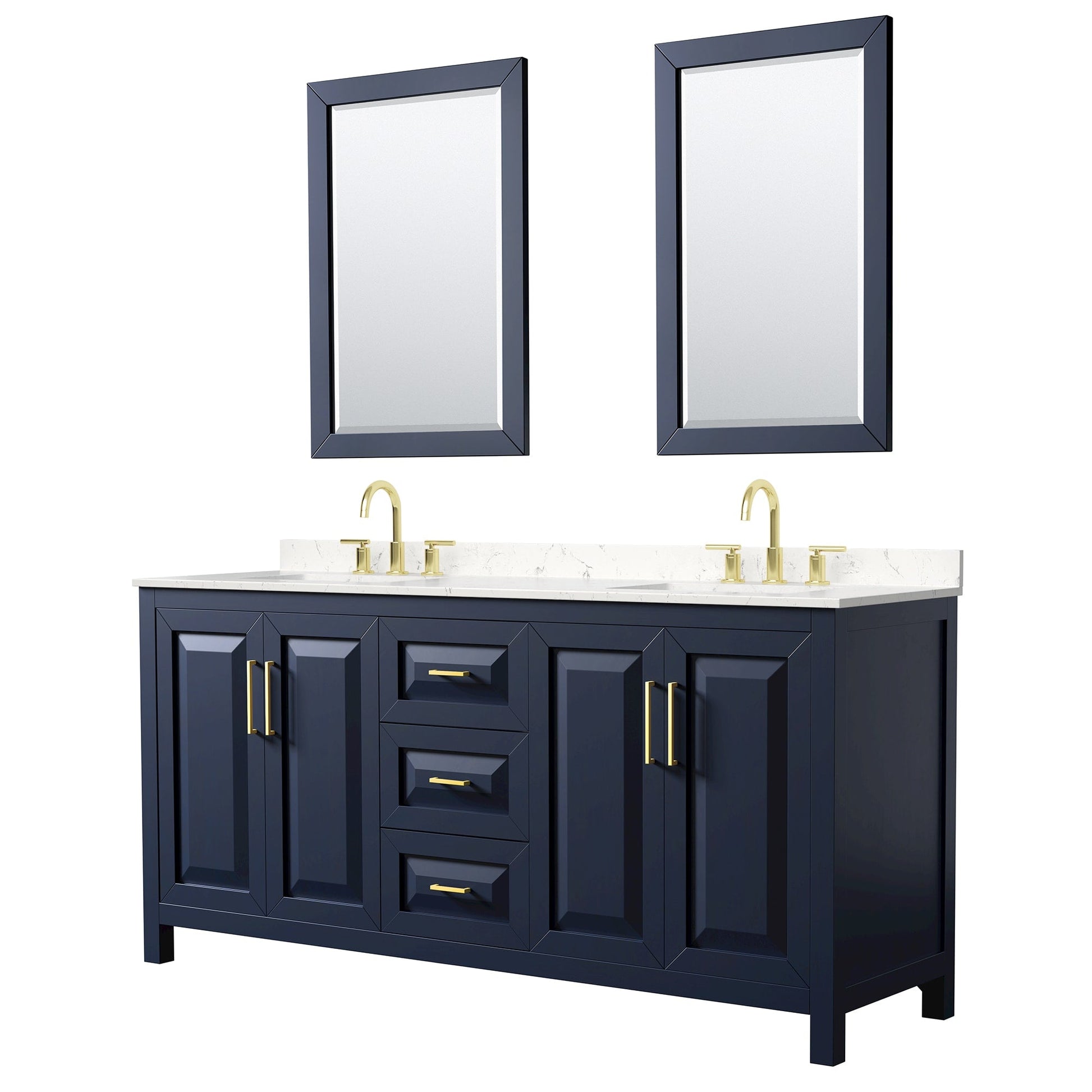 Wyndham Collection Daria 72" Double Bathroom Vanity in Dark Blue, Carrara Cultured Marble Countertop, Undermount Square Sinks (3-Hole), Brushed Gold Trim, 24" Mirrors