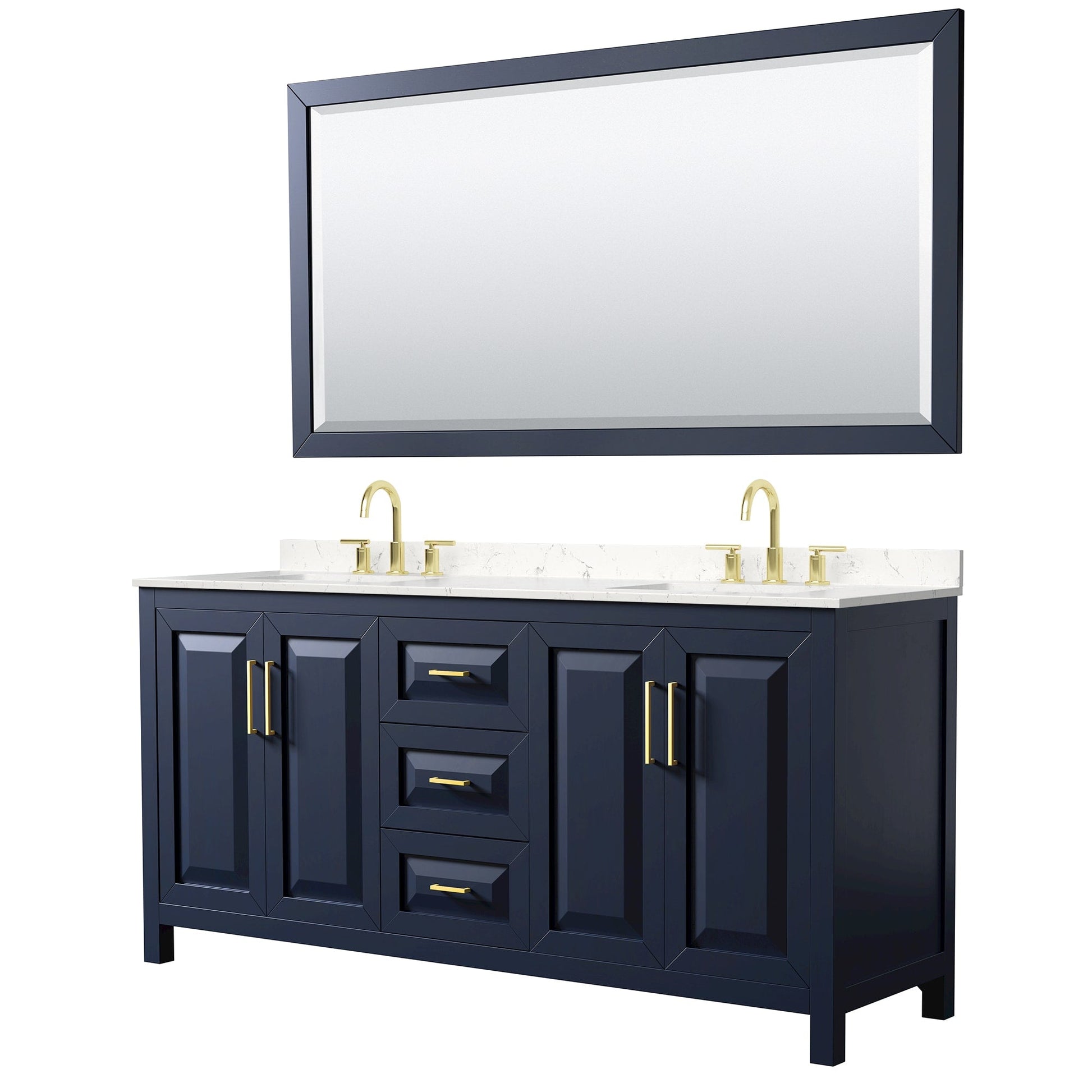 Wyndham Collection Daria 72" Double Bathroom Vanity in Dark Blue, Carrara Cultured Marble Countertop, Undermount Square Sinks (3-Hole), Brushed Gold Trim, 70" Mirror