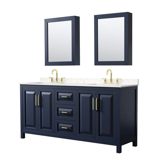 Wyndham Collection Daria 72" Double Bathroom Vanity in Dark Blue, Carrara Cultured Marble Countertop, Undermount Square Sinks (3-Hole), Brushed Gold Trim, Medicine Cabinets
