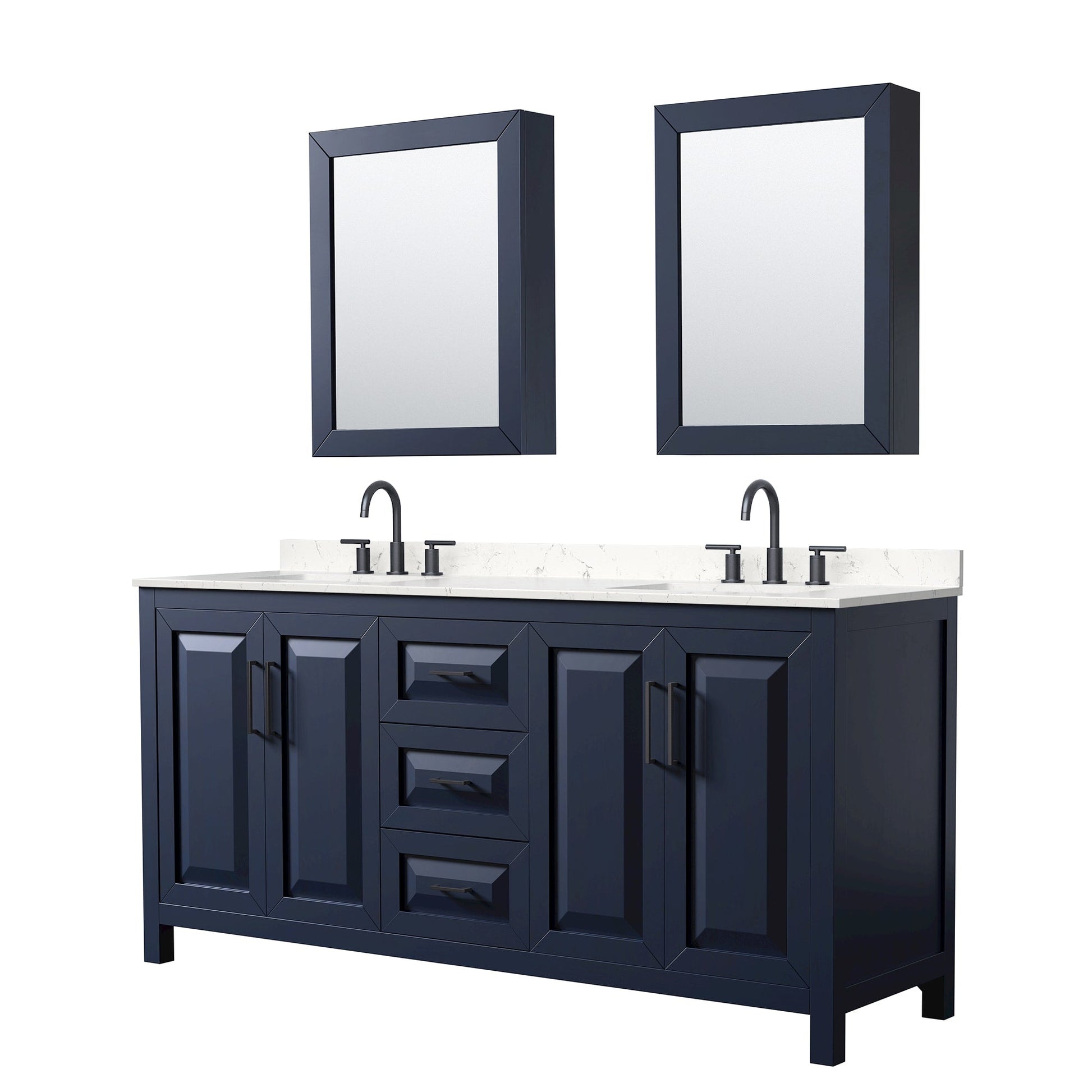 Wyndham Collection Daria 72" Double Bathroom Vanity in Dark Blue, Carrara Cultured Marble Countertop, Undermount Square Sinks (3-Hole), Matte Black Trim, Medicine Cabinets