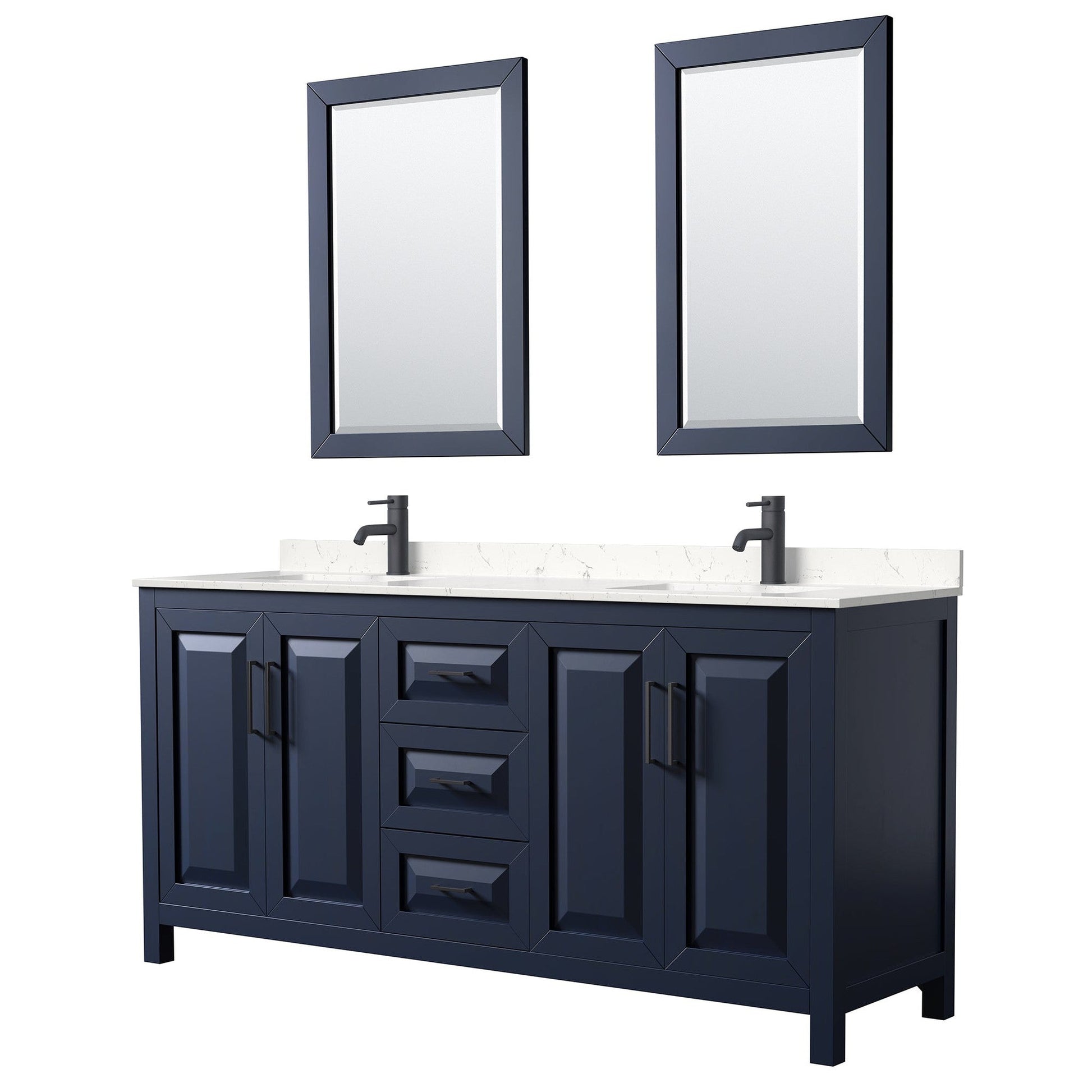 Wyndham Collection Daria 72" Double Bathroom Vanity in Dark Blue, Carrara Cultured Marble Countertop, Undermount Square Sinks, Matte Black Trim, 24" Mirrors