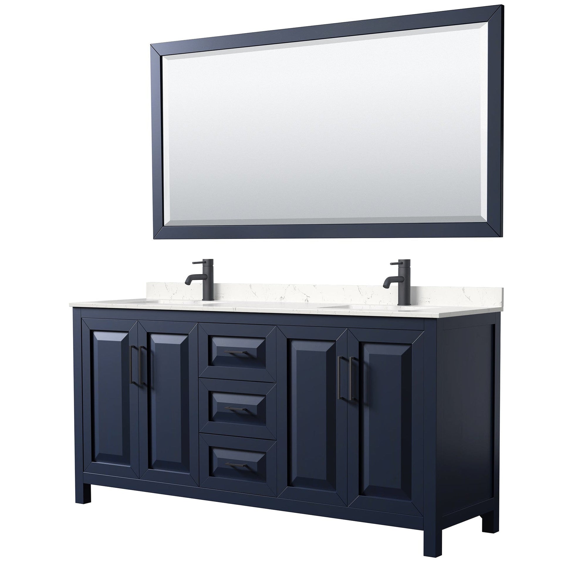 Wyndham Collection Daria 72" Double Bathroom Vanity in Dark Blue, Carrara Cultured Marble Countertop, Undermount Square Sinks, Matte Black Trim, 70" Mirror