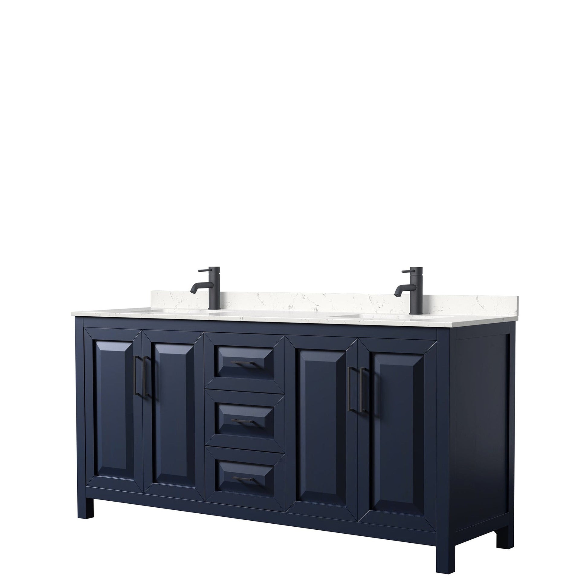 Wyndham Collection Daria 72" Double Bathroom Vanity in Dark Blue, Carrara Cultured Marble Countertop, Undermount Square Sinks, Matte Black Trim