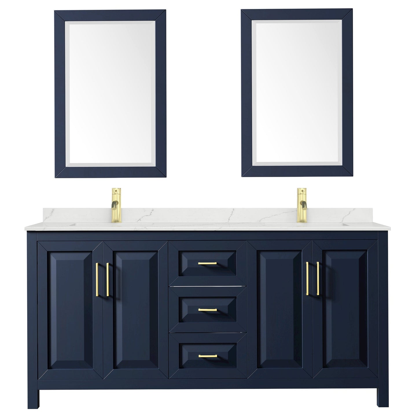 Wyndham Collection Daria 72" Double Bathroom Vanity in Dark Blue, Giotto Quartz Countertop, Undermount Square Sinks (1-Hole), Brushed Gold Trim, 24" Mirrors