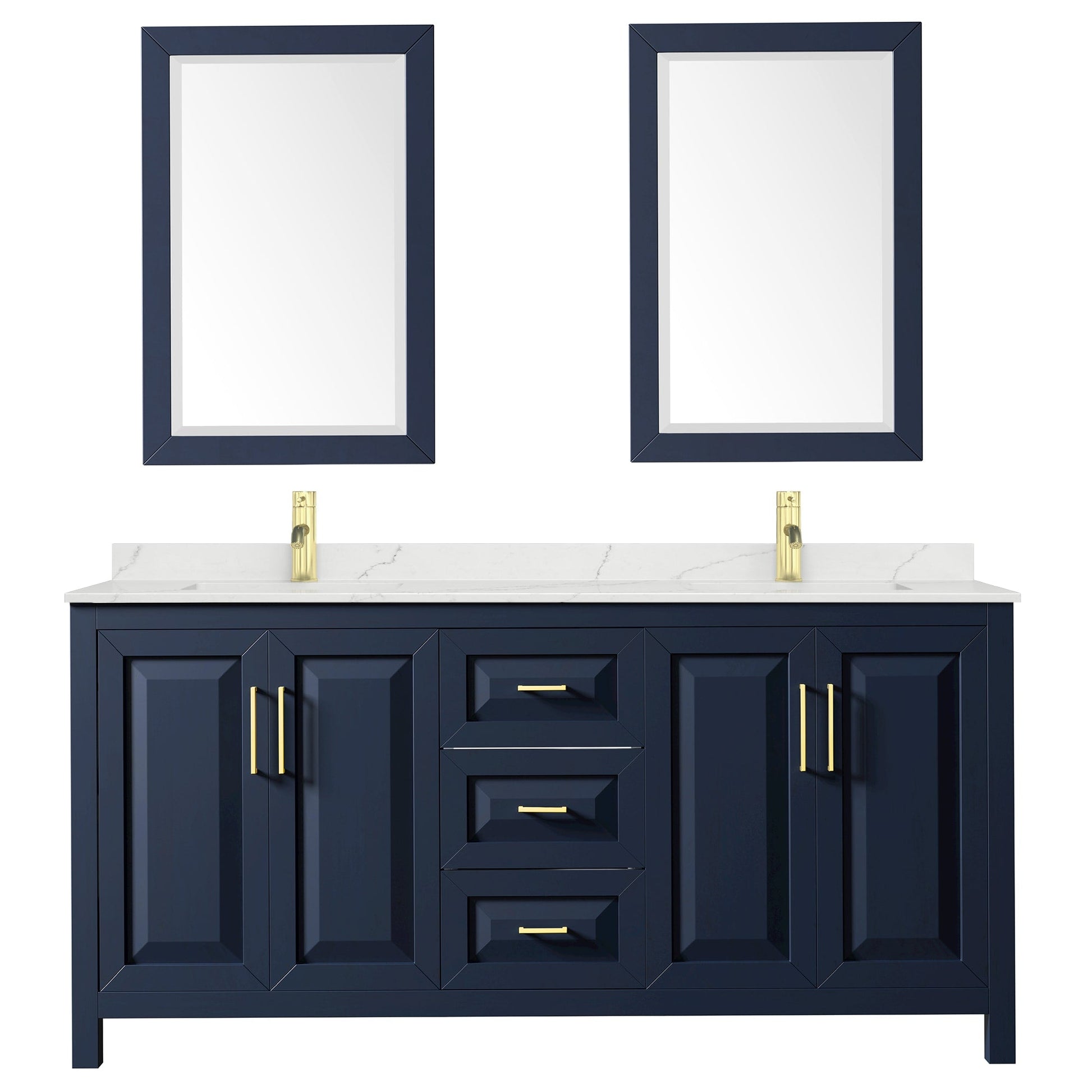 Wyndham Collection Daria 72" Double Bathroom Vanity in Dark Blue, Giotto Quartz Countertop, Undermount Square Sinks (1-Hole), Brushed Gold Trim, 24" Mirrors