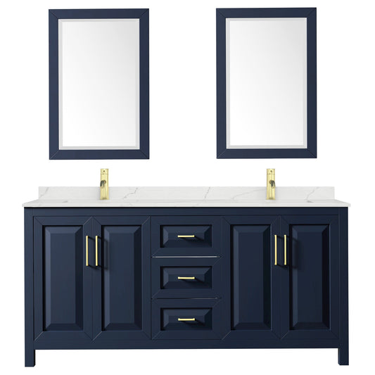 Wyndham Collection Daria 72" Double Bathroom Vanity in Dark Blue, Giotto Quartz Countertop, Undermount Square Sinks (1-Hole), Brushed Gold Trim, 24" Mirrors