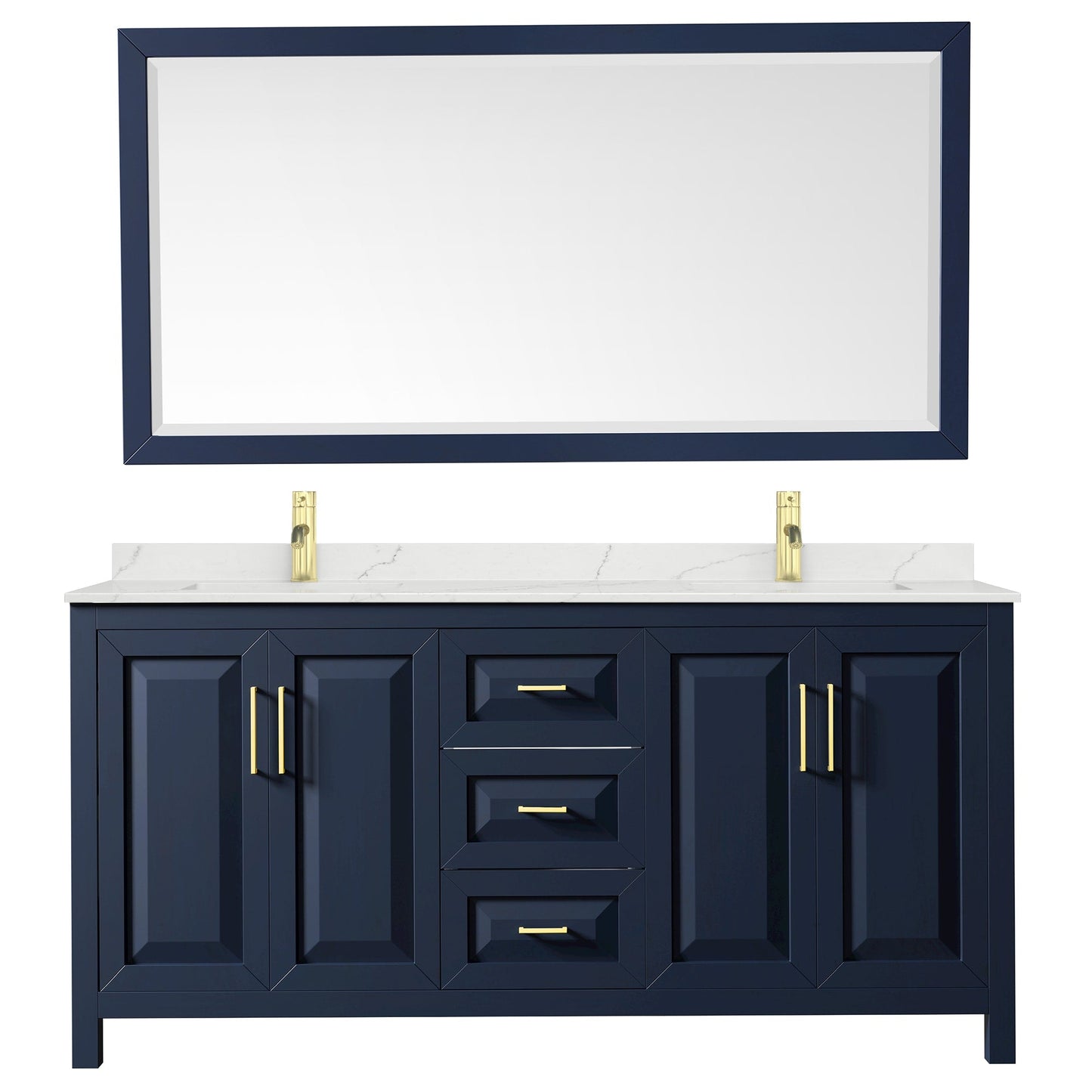 Wyndham Collection Daria 72" Double Bathroom Vanity in Dark Blue, Giotto Quartz Countertop, Undermount Square Sinks (1-Hole), Brushed Gold Trim, 70" Mirror