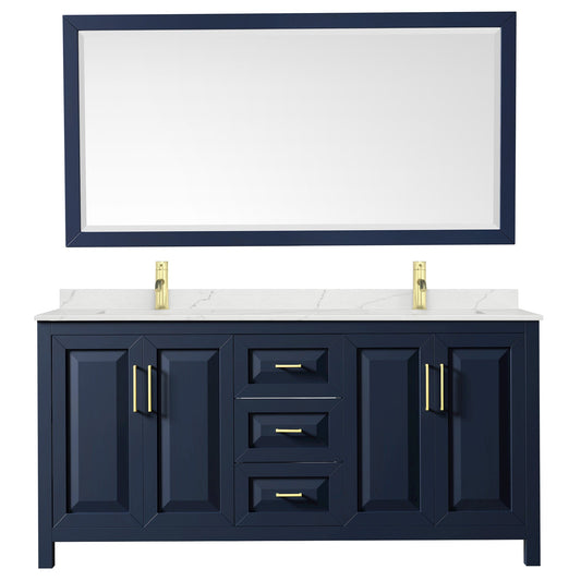 Wyndham Collection Daria 72" Double Bathroom Vanity in Dark Blue, Giotto Quartz Countertop, Undermount Square Sinks (1-Hole), Brushed Gold Trim, 70" Mirror