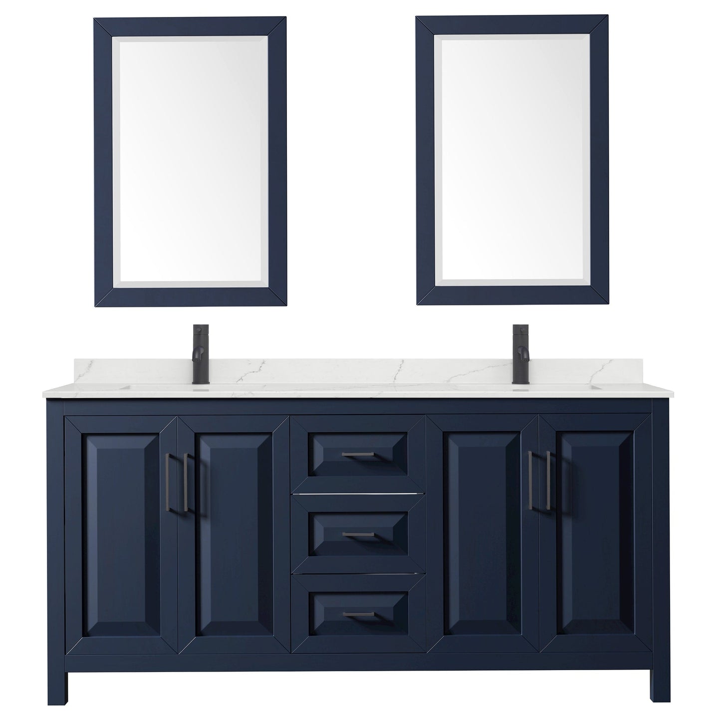 Wyndham Collection Daria 72" Double Bathroom Vanity in Dark Blue, Giotto Quartz Countertop, Undermount Square Sinks (1-Hole), Matte Black Trim, 24" Mirrors