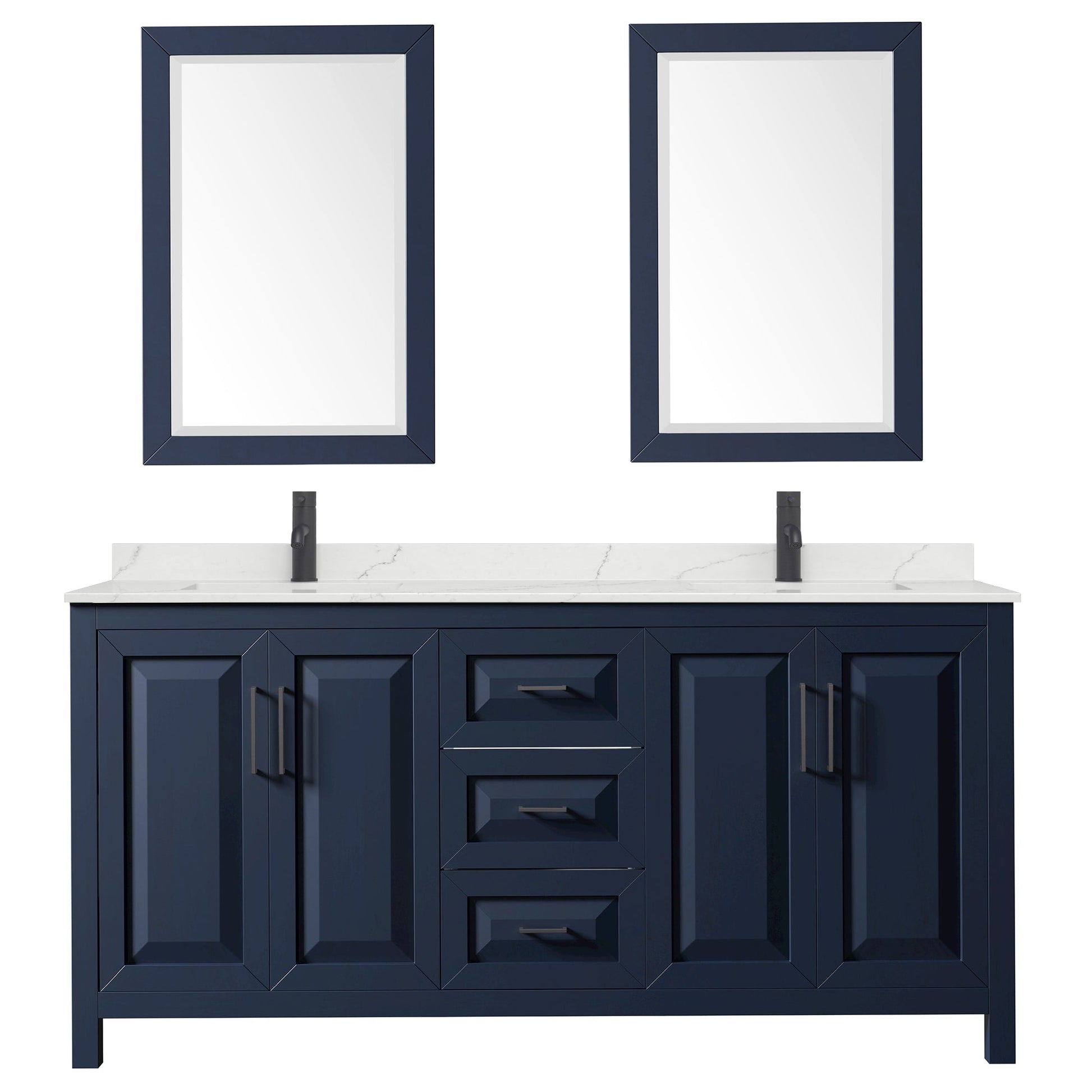 Wyndham Collection Daria 72" Double Bathroom Vanity in Dark Blue, Giotto Quartz Countertop, Undermount Square Sinks (1-Hole), Matte Black Trim, 24" Mirrors