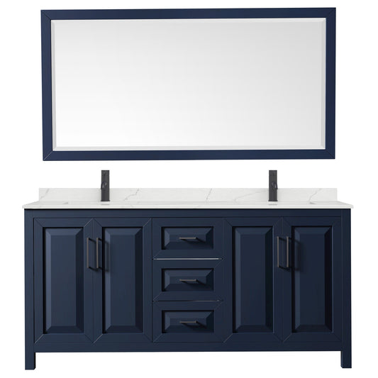 Wyndham Collection Daria 72" Double Bathroom Vanity in Dark Blue, Giotto Quartz Countertop, Undermount Square Sinks (1-Hole), Matte Black Trim, 70" Mirror