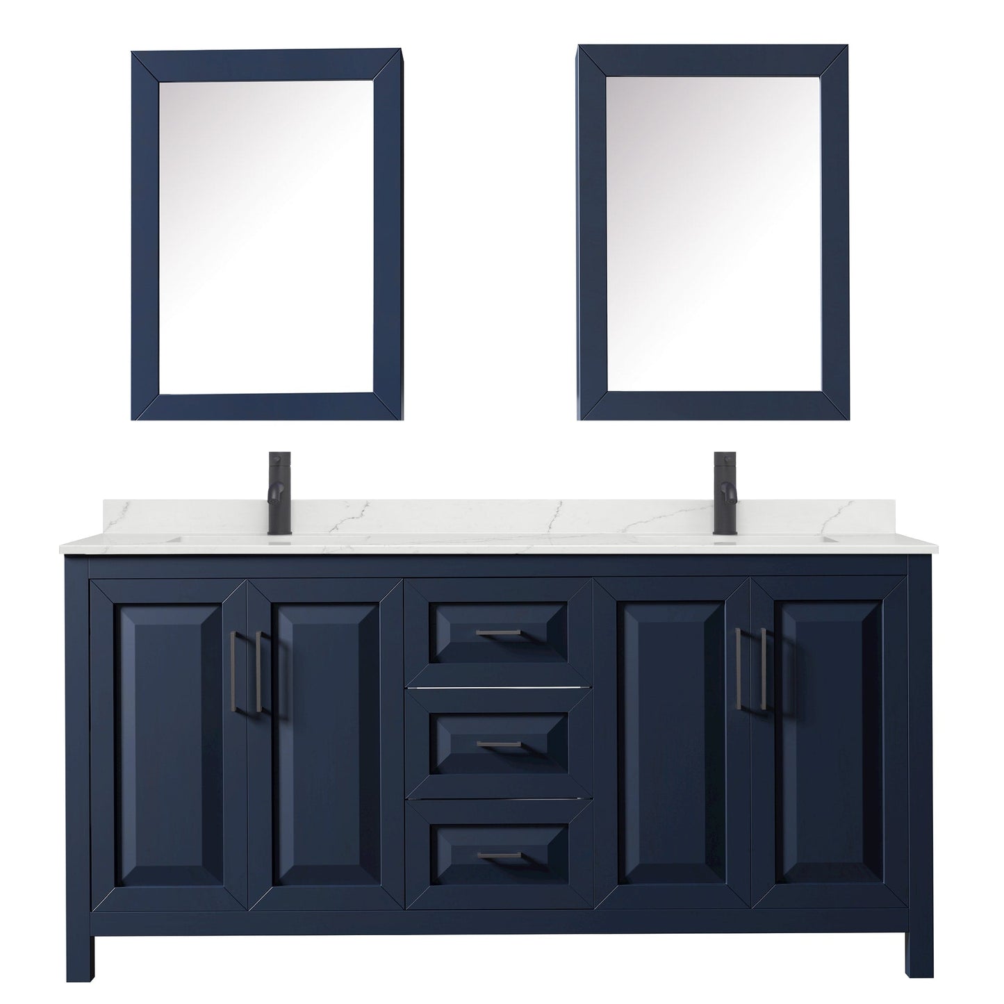 Wyndham Collection Daria 72" Double Bathroom Vanity in Dark Blue, Giotto Quartz Countertop, Undermount Square Sinks (1-Hole), Matte Black Trim, Medicine Cabinets