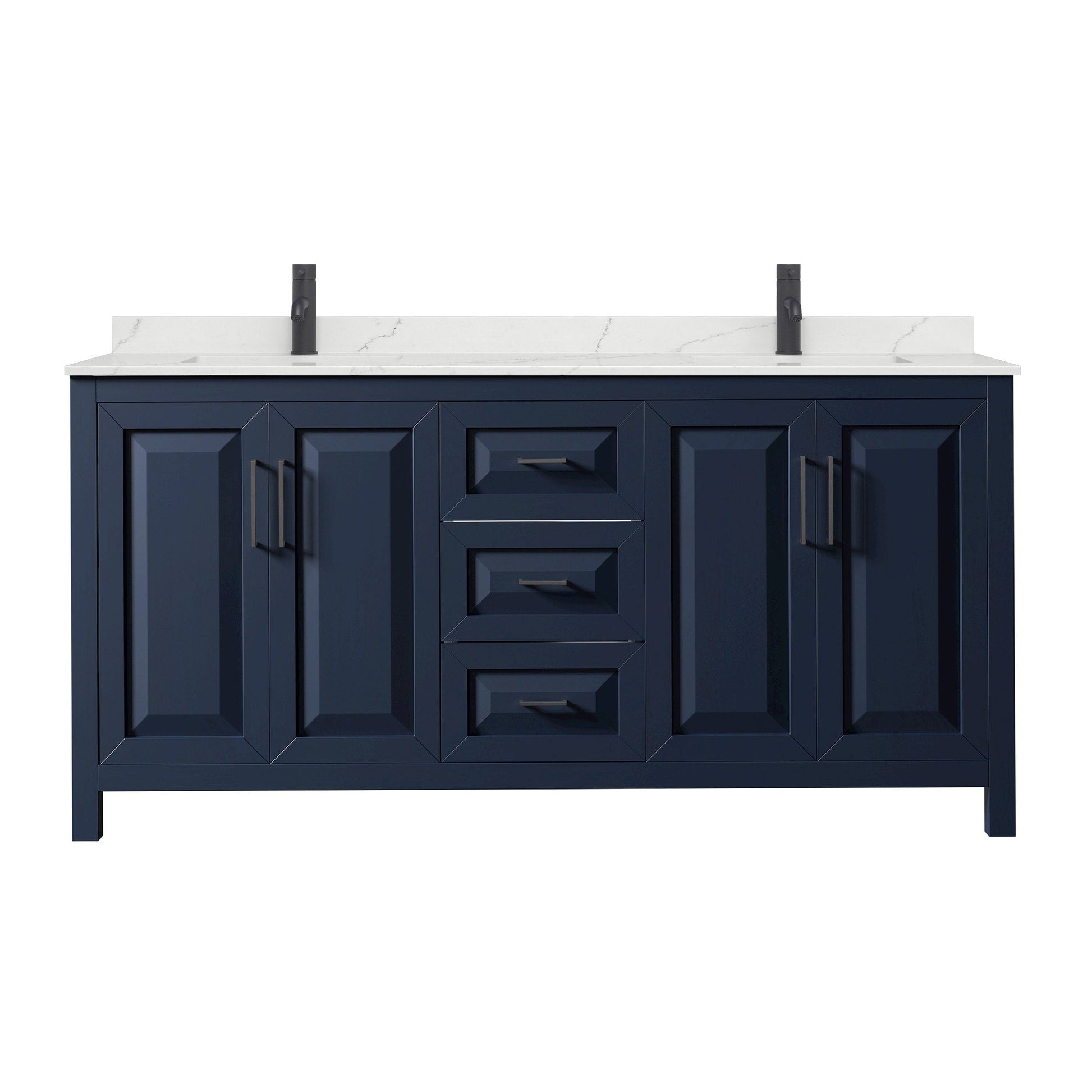 Wyndham Collection Daria 72" Double Bathroom Vanity in Dark Blue, Giotto Quartz Countertop, Undermount Square Sinks (1-Hole), Matte Black Trim