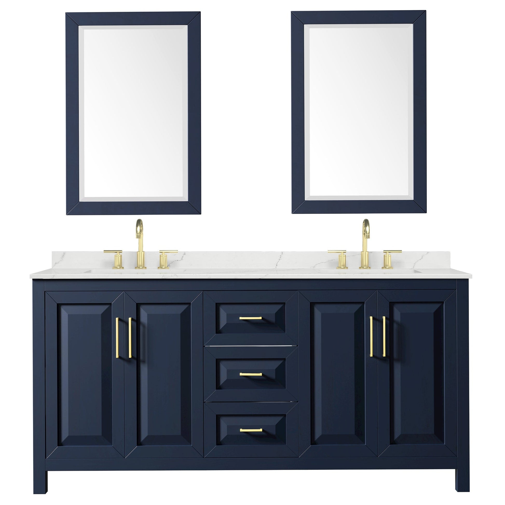 Wyndham Collection Daria 72" Double Bathroom Vanity in Dark Blue, Giotto Quartz Countertop, Undermount Square Sinks (3-Hole), Brushed Gold Trim, 24" Mirrors