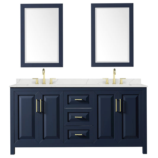 Wyndham Collection Daria 72" Double Bathroom Vanity in Dark Blue, Giotto Quartz Countertop, Undermount Square Sinks (3-Hole), Brushed Gold Trim, 24" Mirrors