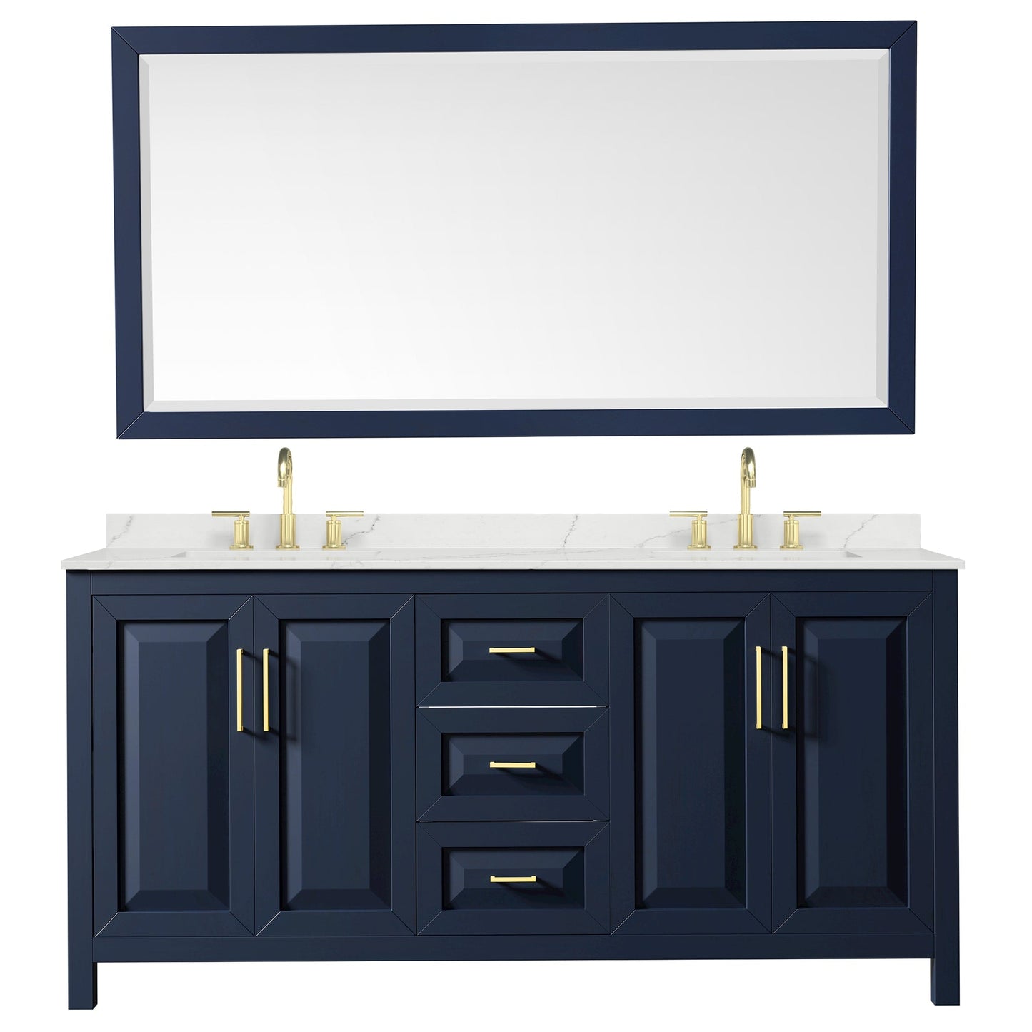 Wyndham Collection Daria 72" Double Bathroom Vanity in Dark Blue, Giotto Quartz Countertop, Undermount Square Sinks (3-Hole), Brushed Gold Trim, 70" Mirror