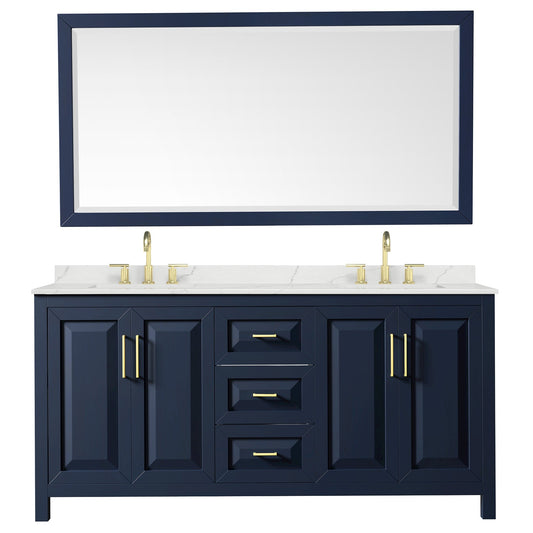 Wyndham Collection Daria 72" Double Bathroom Vanity in Dark Blue, Giotto Quartz Countertop, Undermount Square Sinks (3-Hole), Brushed Gold Trim, 70" Mirror