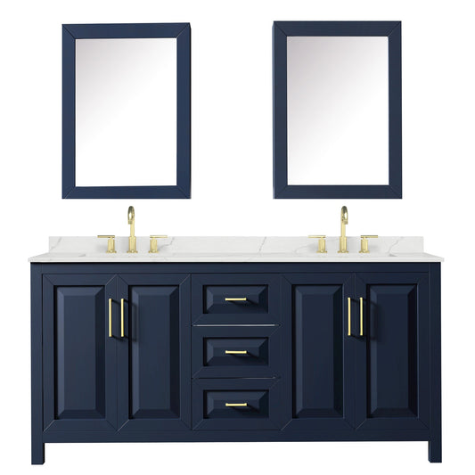 Wyndham Collection Daria 72" Double Bathroom Vanity in Dark Blue, Giotto Quartz Countertop, Undermount Square Sinks (3-Hole), Brushed Gold Trim, Medicine Cabinets
