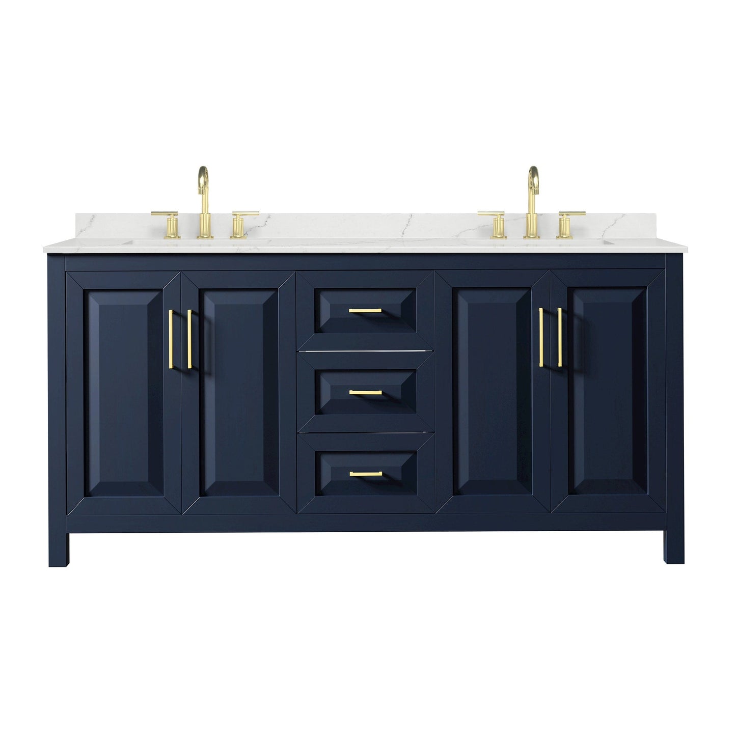 Wyndham Collection Daria 72" Double Bathroom Vanity in Dark Blue, Giotto Quartz Countertop, Undermount Square Sinks (3-Hole), Brushed Gold Trim