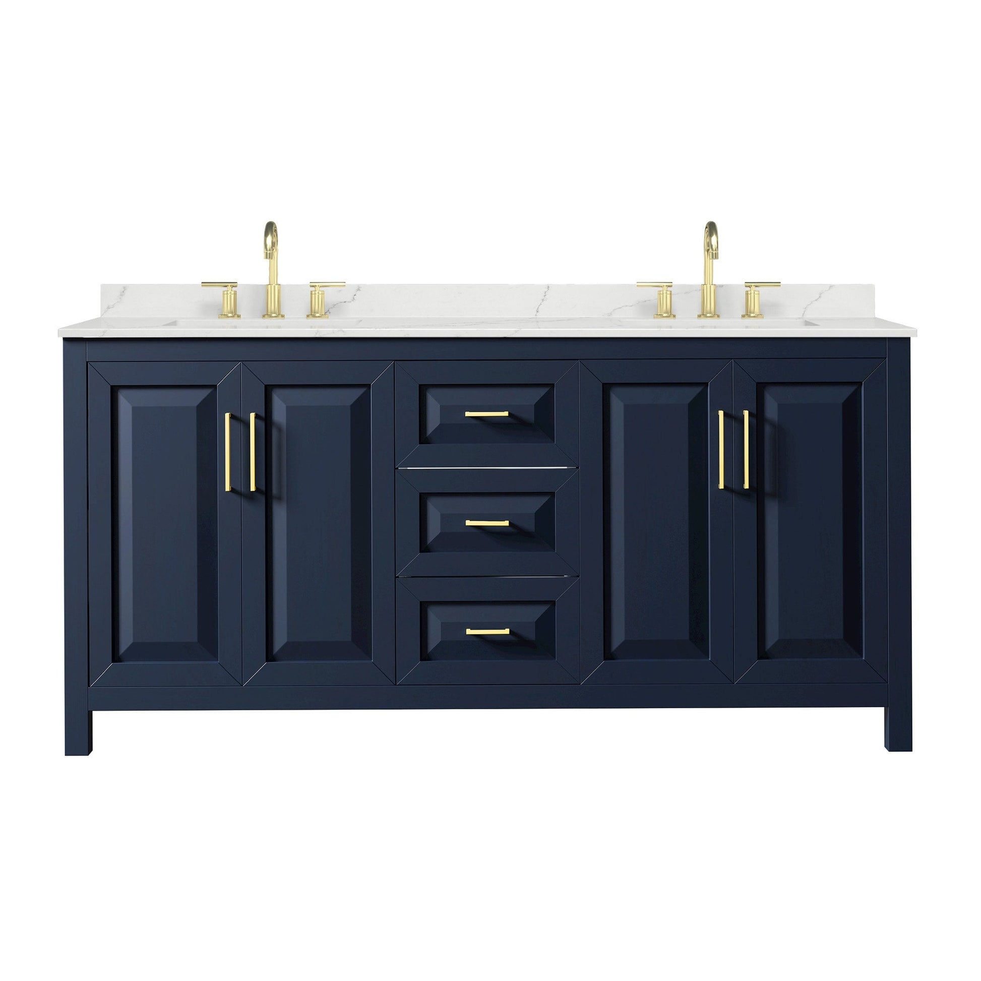 Wyndham Collection Daria 72" Double Bathroom Vanity in Dark Blue, Giotto Quartz Countertop, Undermount Square Sinks (3-Hole), Brushed Gold Trim