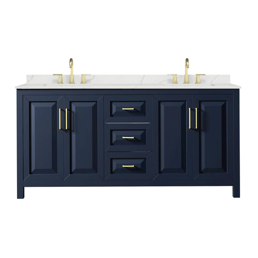Wyndham Collection Daria 72" Double Bathroom Vanity in Dark Blue, Giotto Quartz Countertop, Undermount Square Sinks (3-Hole), Brushed Gold Trim