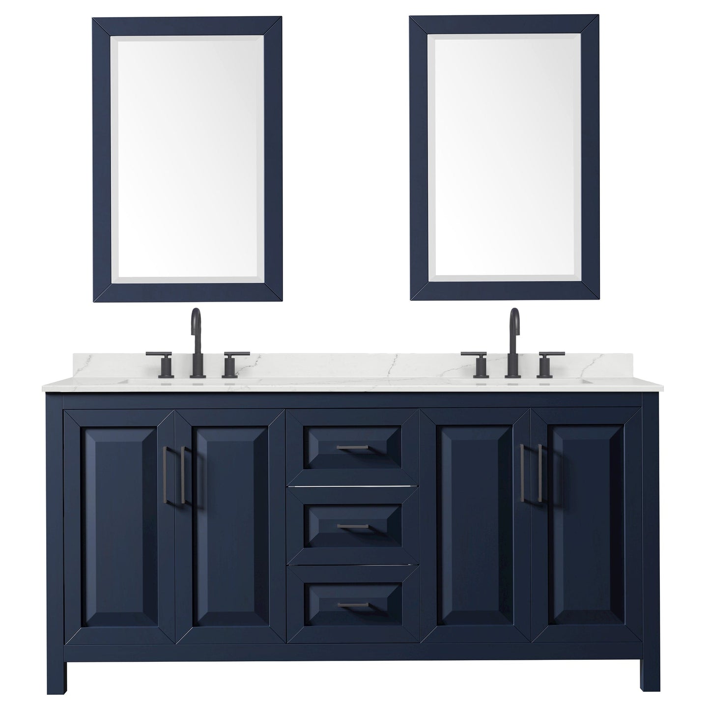 Wyndham Collection Daria 72" Double Bathroom Vanity in Dark Blue, Giotto Quartz Countertop, Undermount Square Sinks (3-Hole), Matte Black Trim, 24" Mirrors