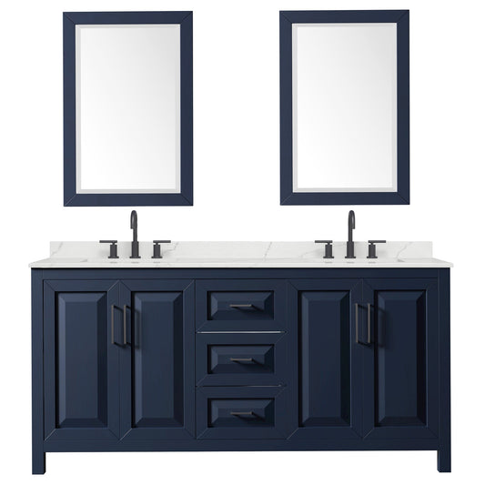 Wyndham Collection Daria 72" Double Bathroom Vanity in Dark Blue, Giotto Quartz Countertop, Undermount Square Sinks (3-Hole), Matte Black Trim, 24" Mirrors