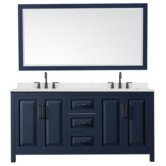 Wyndham Collection Daria 72" Double Bathroom Vanity in Dark Blue, Giotto Quartz Countertop, Undermount Square Sinks (3-Hole), Matte Black Trim, 70" Mirror