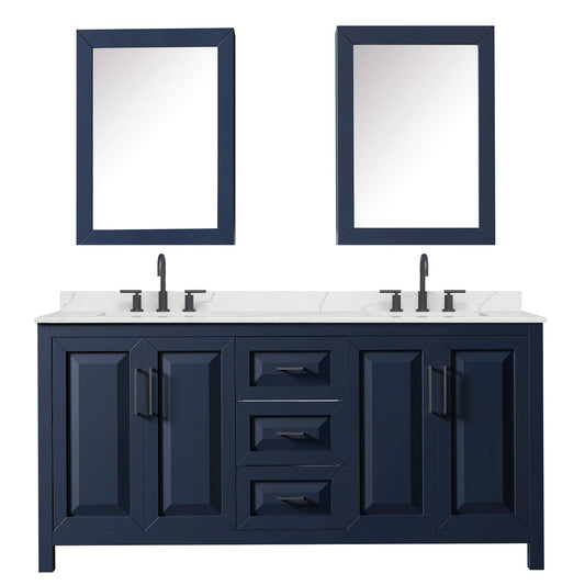 Wyndham Collection Daria 72" Double Bathroom Vanity in Dark Blue, Giotto Quartz Countertop, Undermount Square Sinks (3-Hole), Matte Black Trim, Medicine Cabinets
