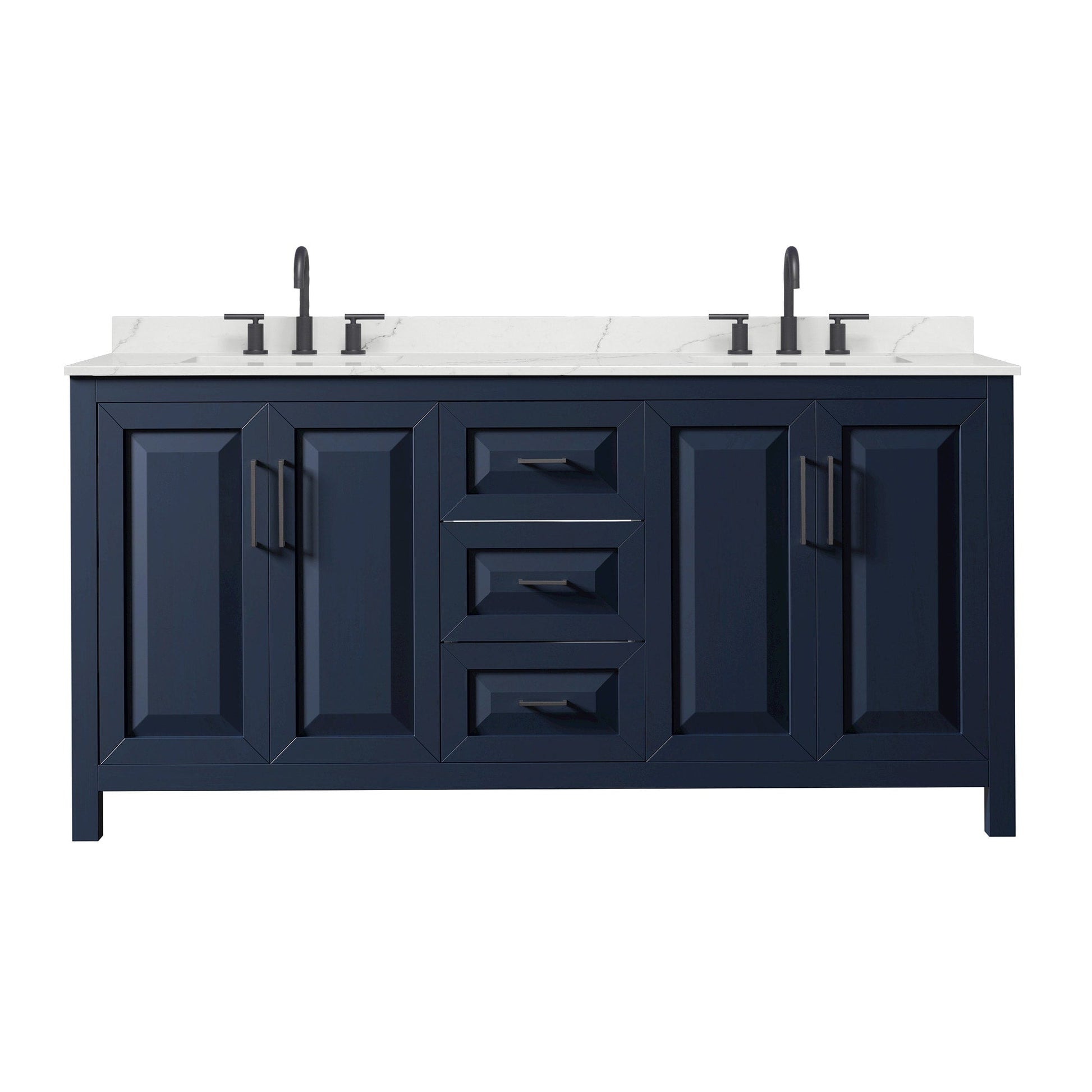 Wyndham Collection Daria 72" Double Bathroom Vanity in Dark Blue, Giotto Quartz Countertop, Undermount Square Sinks (3-Hole), Matte Black Trim