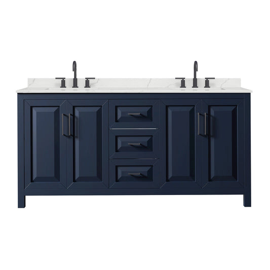 Wyndham Collection Daria 72" Double Bathroom Vanity in Dark Blue, Giotto Quartz Countertop, Undermount Square Sinks (3-Hole), Matte Black Trim