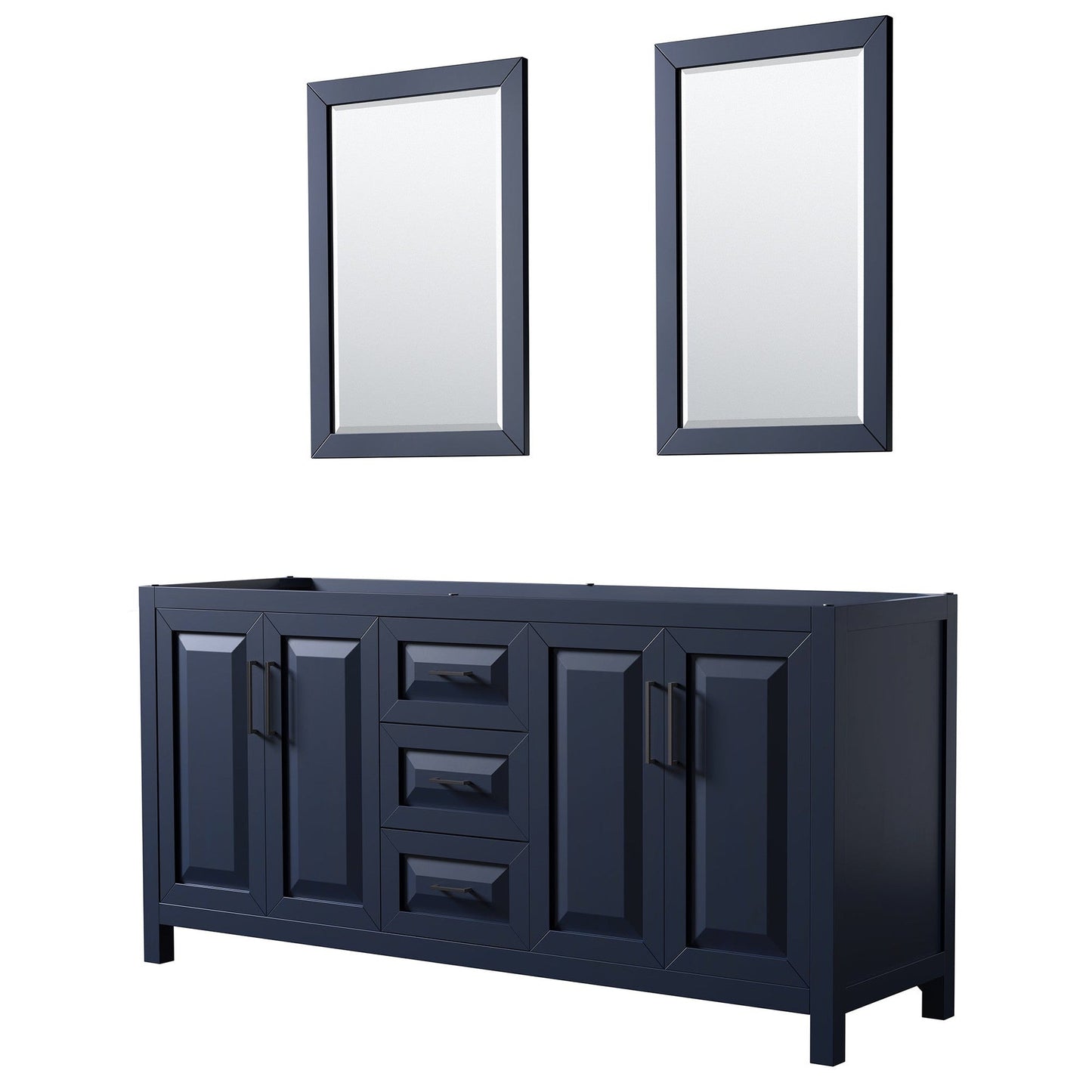 Wyndham Collection Daria 72" Double Bathroom Vanity in Dark Blue, No Countertop, No Sink, Matte Black Trim, 24" Mirrors