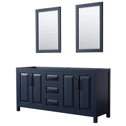Wyndham Collection Daria 72" Double Bathroom Vanity in Dark Blue, No Countertop, No Sink, Matte Black Trim, 24" Mirrors