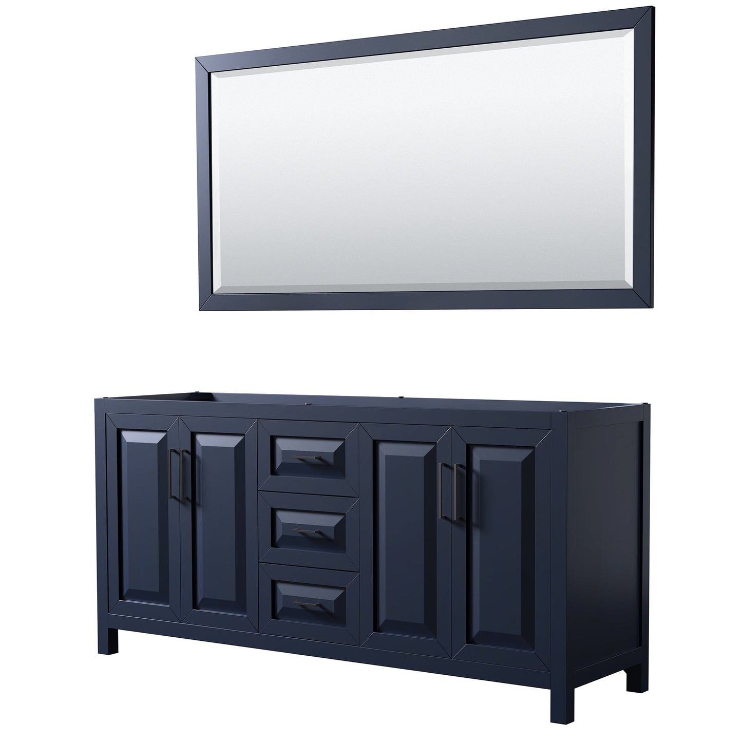 Wyndham Collection Daria 72" Double Bathroom Vanity in Dark Blue, No Countertop, No Sink, Matte Black Trim, 70" Mirror