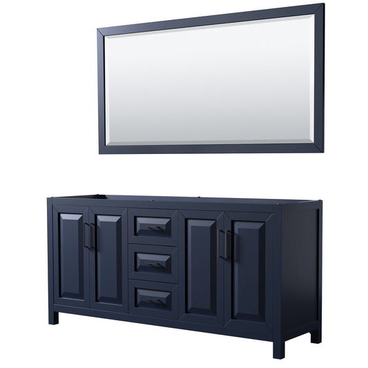 Wyndham Collection Daria 72" Double Bathroom Vanity in Dark Blue, No Countertop, No Sink, Matte Black Trim, 70" Mirror