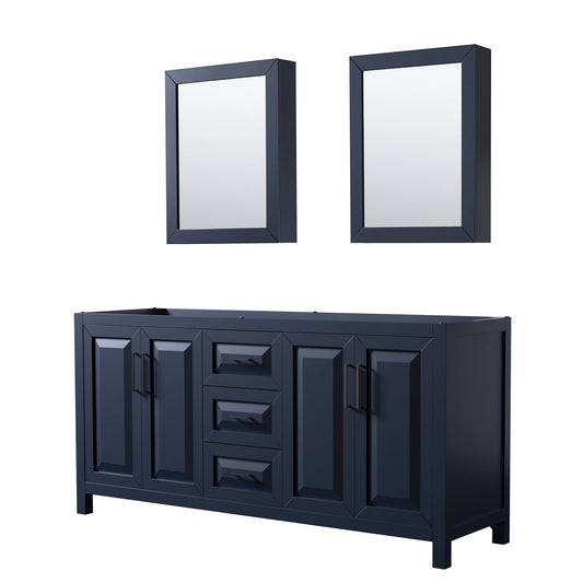 Wyndham Collection Daria 72" Double Bathroom Vanity in Dark Blue, No Countertop, No Sink, Matte Black Trim, Medicine Cabinets