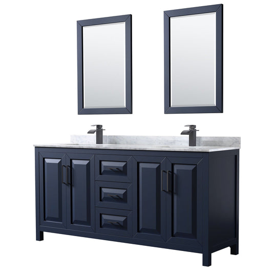 Wyndham Collection Daria 72" Double Bathroom Vanity in Dark Blue, White Carrara Marble Countertop, Undermount Square Sinks, Matte Black Trim, 24" Mirrors