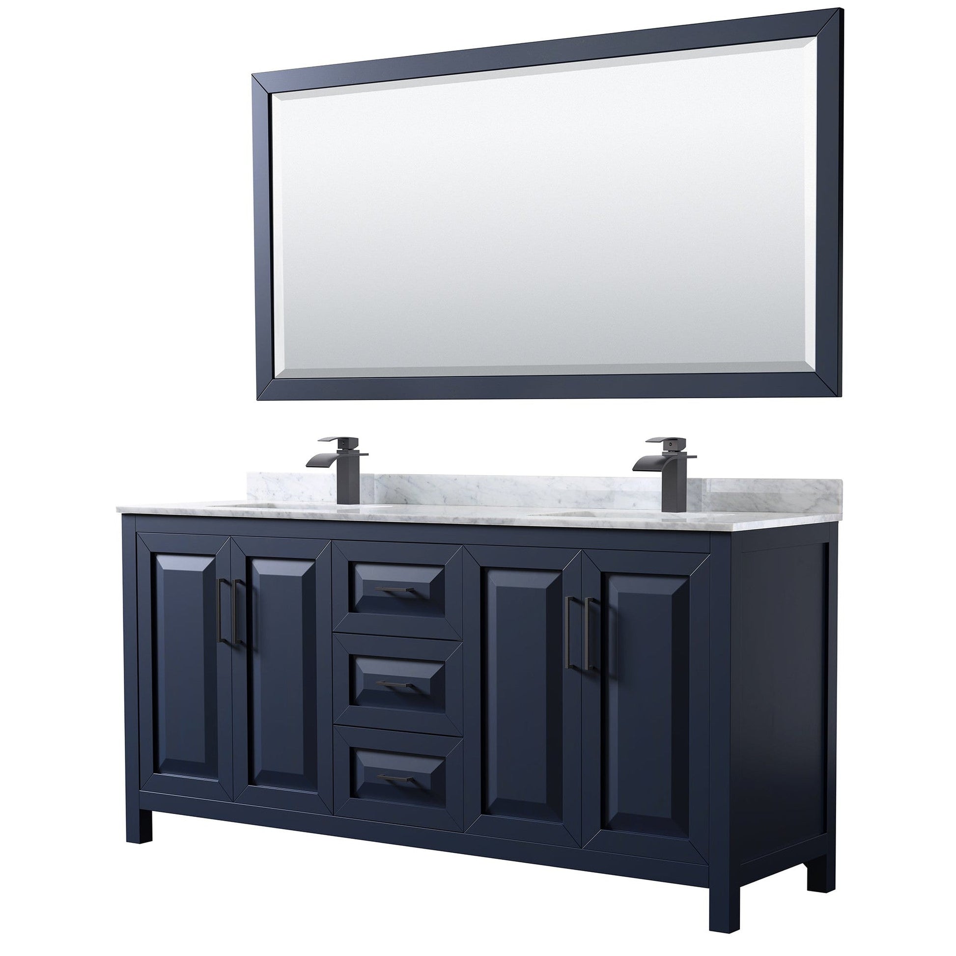 Wyndham Collection Daria 72" Double Bathroom Vanity in Dark Blue, White Carrara Marble Countertop, Undermount Square Sinks, Matte Black Trim, 70" Mirror