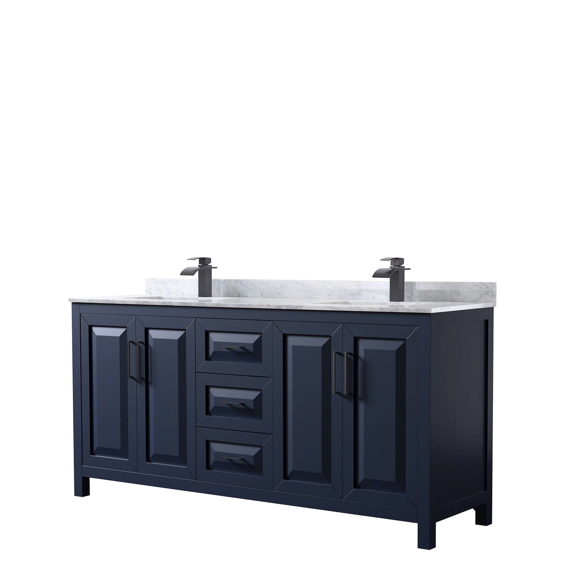 Wyndham Collection Daria 72" Double Bathroom Vanity in Dark Blue, White Carrara Marble Countertop, Undermount Square Sinks, Matte Black Trim