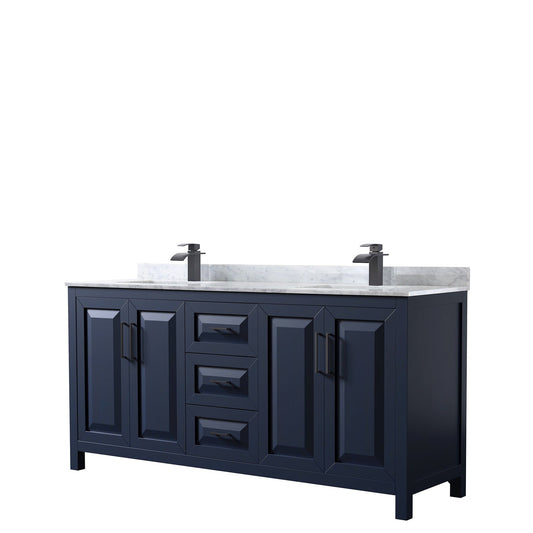 Wyndham Collection Daria 72" Double Bathroom Vanity in Dark Blue, White Carrara Marble Countertop, Undermount Square Sinks, Matte Black Trim