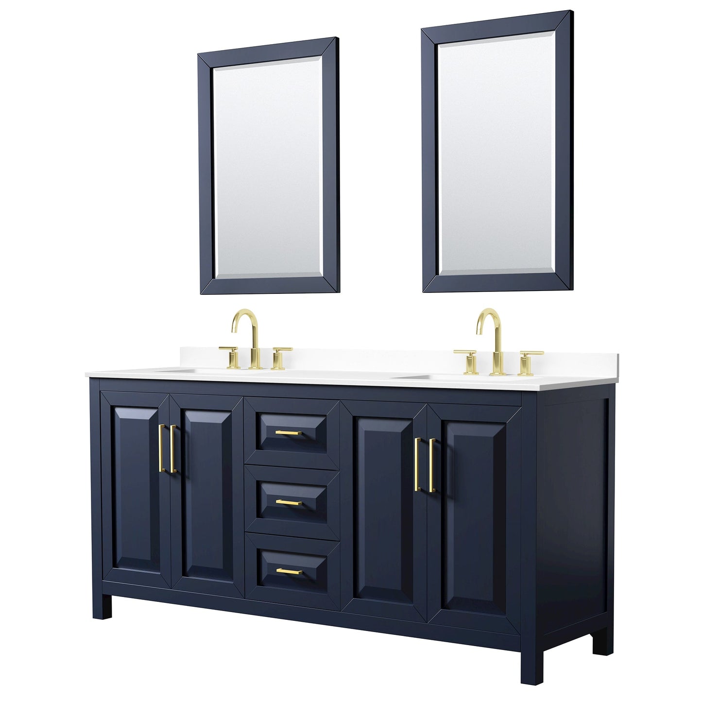 Wyndham Collection Daria 72" Double Bathroom Vanity in Dark Blue, White Cultured Marble Countertop, Undermount Square Sinks (3-Hole), Brushed Gold Trim, 24" Mirrors