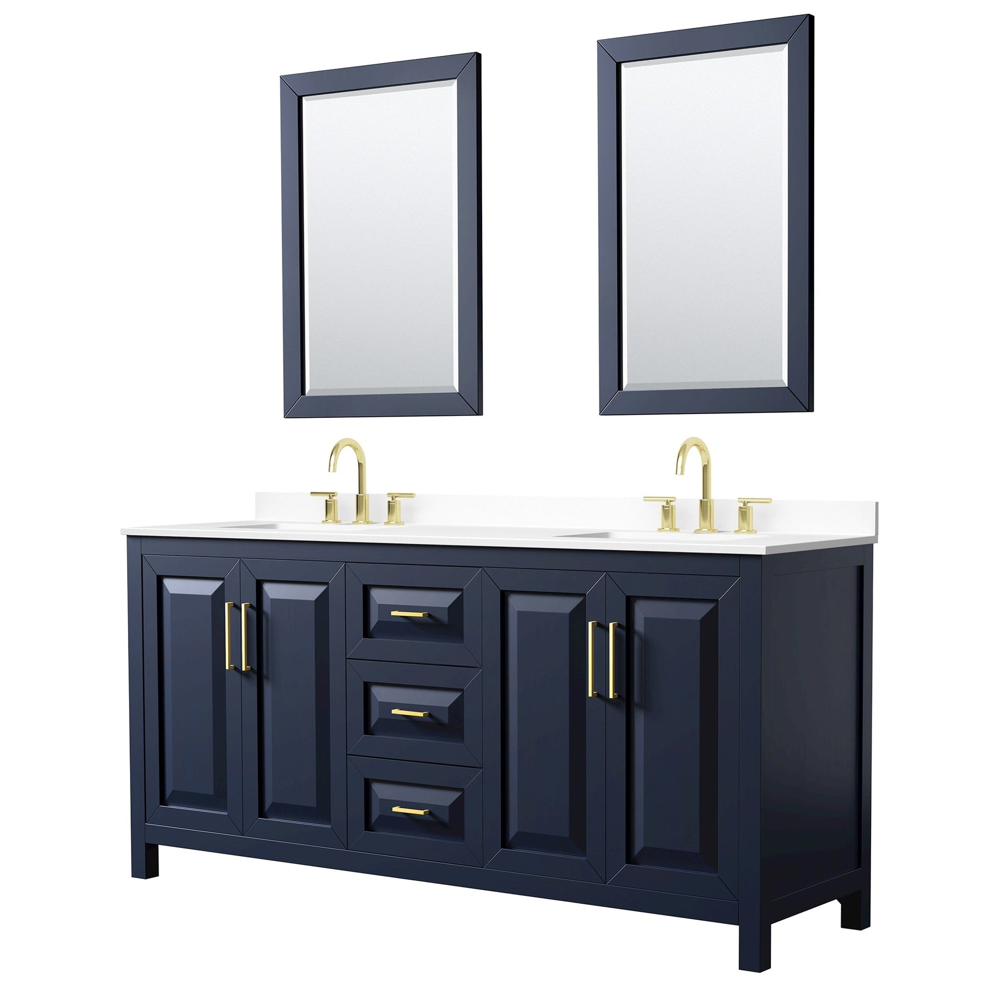 Wyndham Collection Daria 72" Double Bathroom Vanity in Dark Blue, White Cultured Marble Countertop, Undermount Square Sinks (3-Hole), Brushed Gold Trim, 24" Mirrors