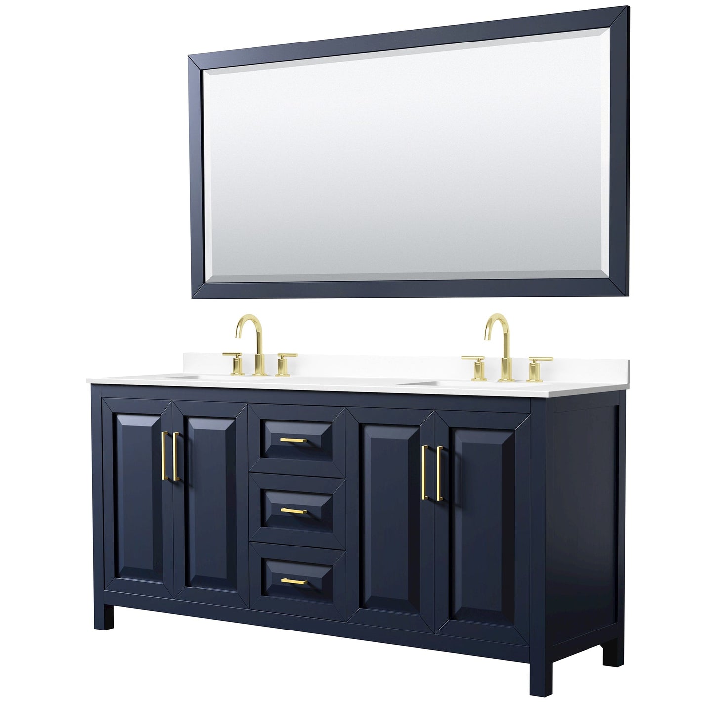 Wyndham Collection Daria 72" Double Bathroom Vanity in Dark Blue, White Cultured Marble Countertop, Undermount Square Sinks (3-Hole), Brushed Gold Trim, 70" Mirror