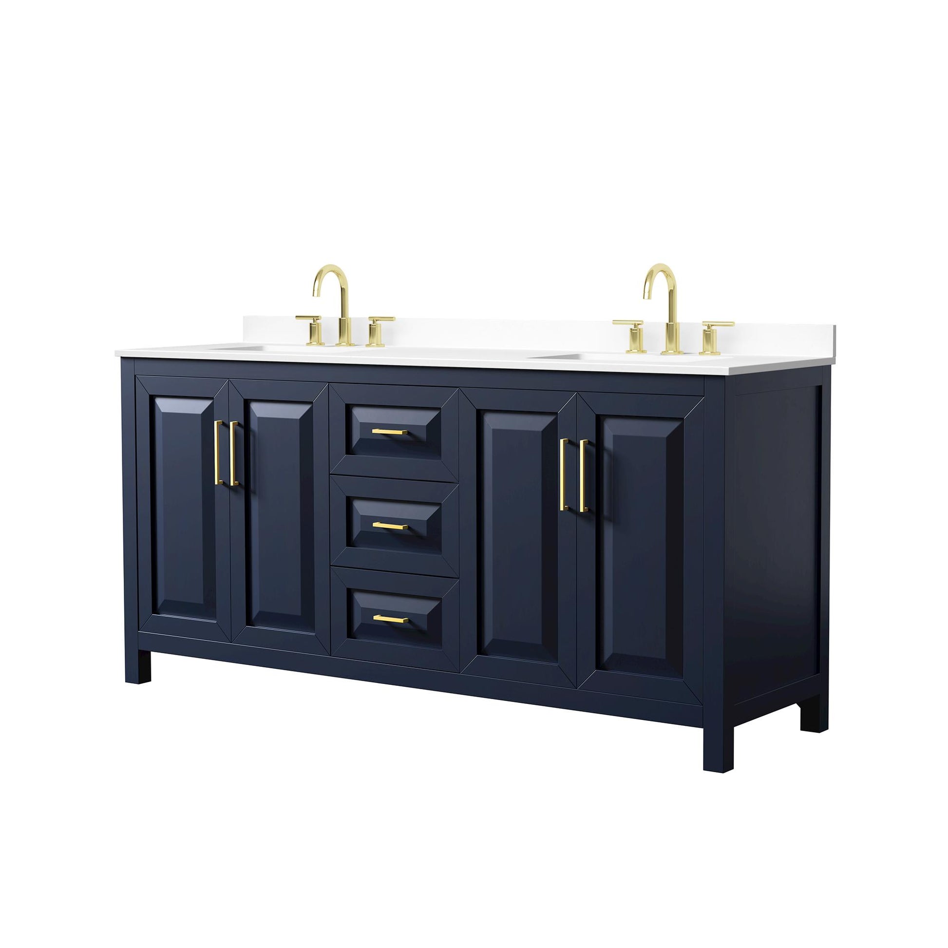 Wyndham Collection Daria 72" Double Bathroom Vanity in Dark Blue, White Cultured Marble Countertop, Undermount Square Sinks (3-Hole), Brushed Gold Trim