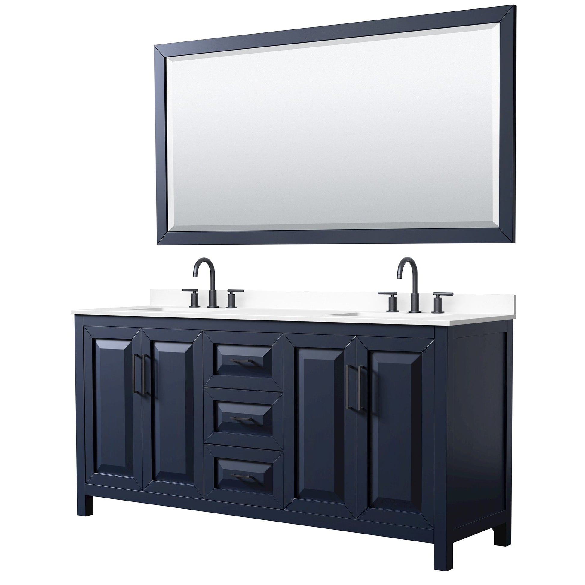 Wyndham Collection Daria 72" Double Bathroom Vanity in Dark Blue, White Cultured Marble Countertop, Undermount Square Sinks (3-Hole), Matte Black Trim, 70" Mirror