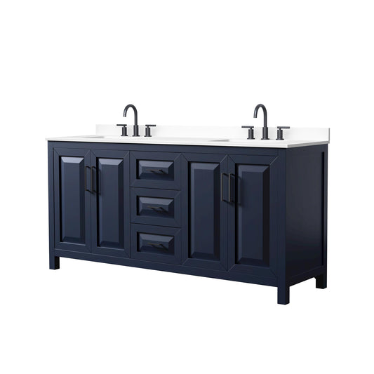 Wyndham Collection Daria 72" Double Bathroom Vanity in Dark Blue, White Cultured Marble Countertop, Undermount Square Sinks (3-Hole), Matte Black Trim
