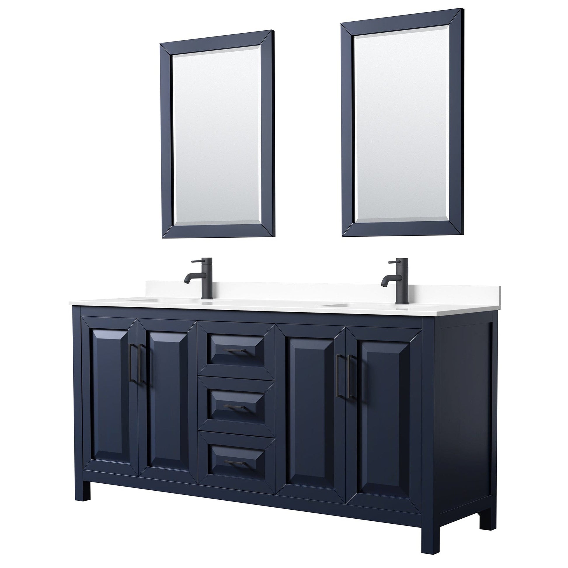 Wyndham Collection Daria 72" Double Bathroom Vanity in Dark Blue, White Cultured Marble Countertop, Undermount Square Sinks, Matte Black Trim, 24" Mirrors