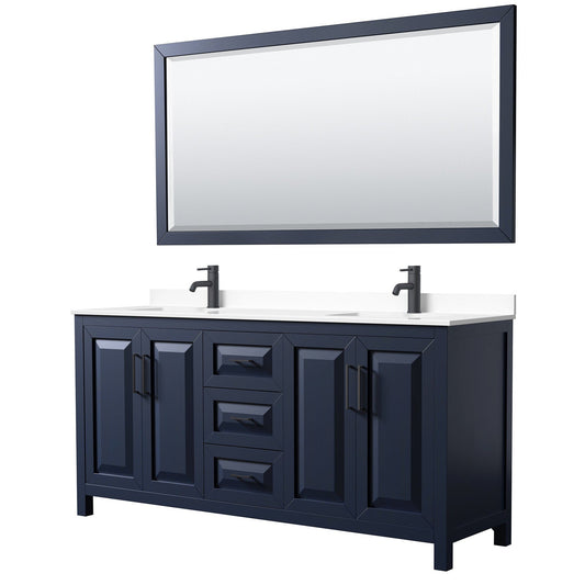 Wyndham Collection Daria 72" Double Bathroom Vanity in Dark Blue, White Cultured Marble Countertop, Undermount Square Sinks, Matte Black Trim, 70" Mirror