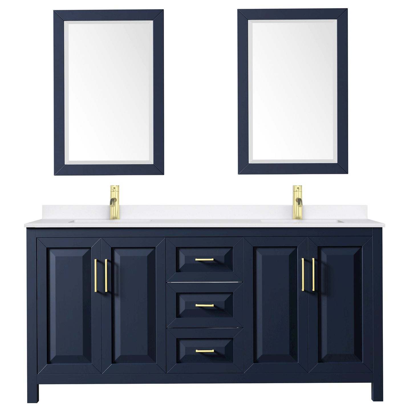 Wyndham Collection Daria 72" Double Bathroom Vanity in Dark Blue, White Quartz Countertop, Undermount Square Sinks (1-Hole), Brushed Gold Trim, 24" Mirrors