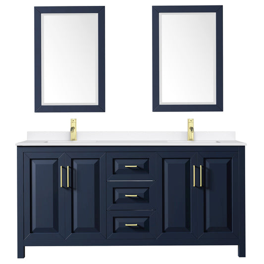 Wyndham Collection Daria 72" Double Bathroom Vanity in Dark Blue, White Quartz Countertop, Undermount Square Sinks (1-Hole), Brushed Gold Trim, 24" Mirrors